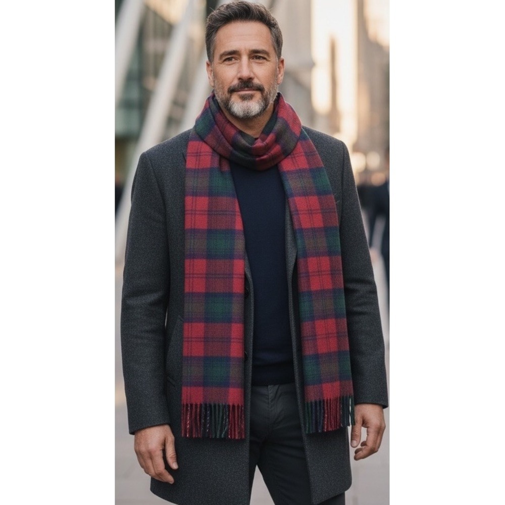 Amicale 100% Pure Cashmere Plaid Mens Maroon Navy Green Scarf Fringed Made USA